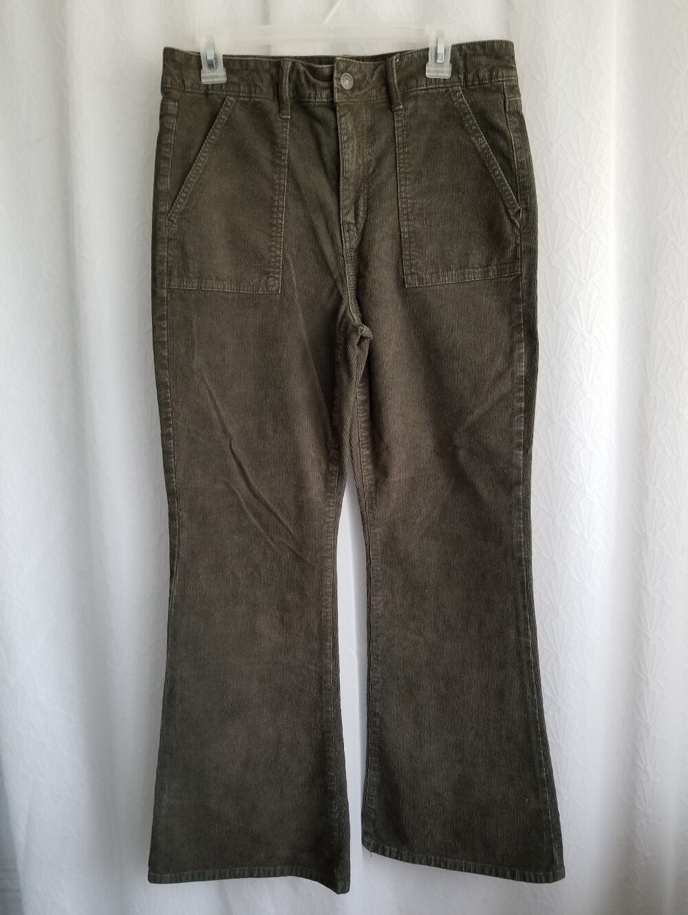Y2K Retro Boho Super High Rise Olive Green Corduroy Pants American Eagle 12 Shor